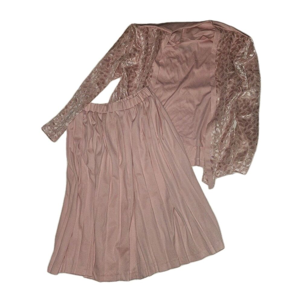 Vtg Salon Studio By Haband 8P Pink Pullover Blouse & Skirt Set Floral Sheer Midi